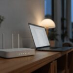 Bredbandsrouter med tända lampor på en hylla bredvid en bärbar dator i ett vardagsrum