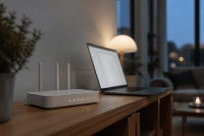 Bredbandsrouter med tända lampor på en hylla bredvid en bärbar dator i ett vardagsrum